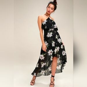 Lulus Sheer Halter Floral Ruffled High Low Midi Dress
